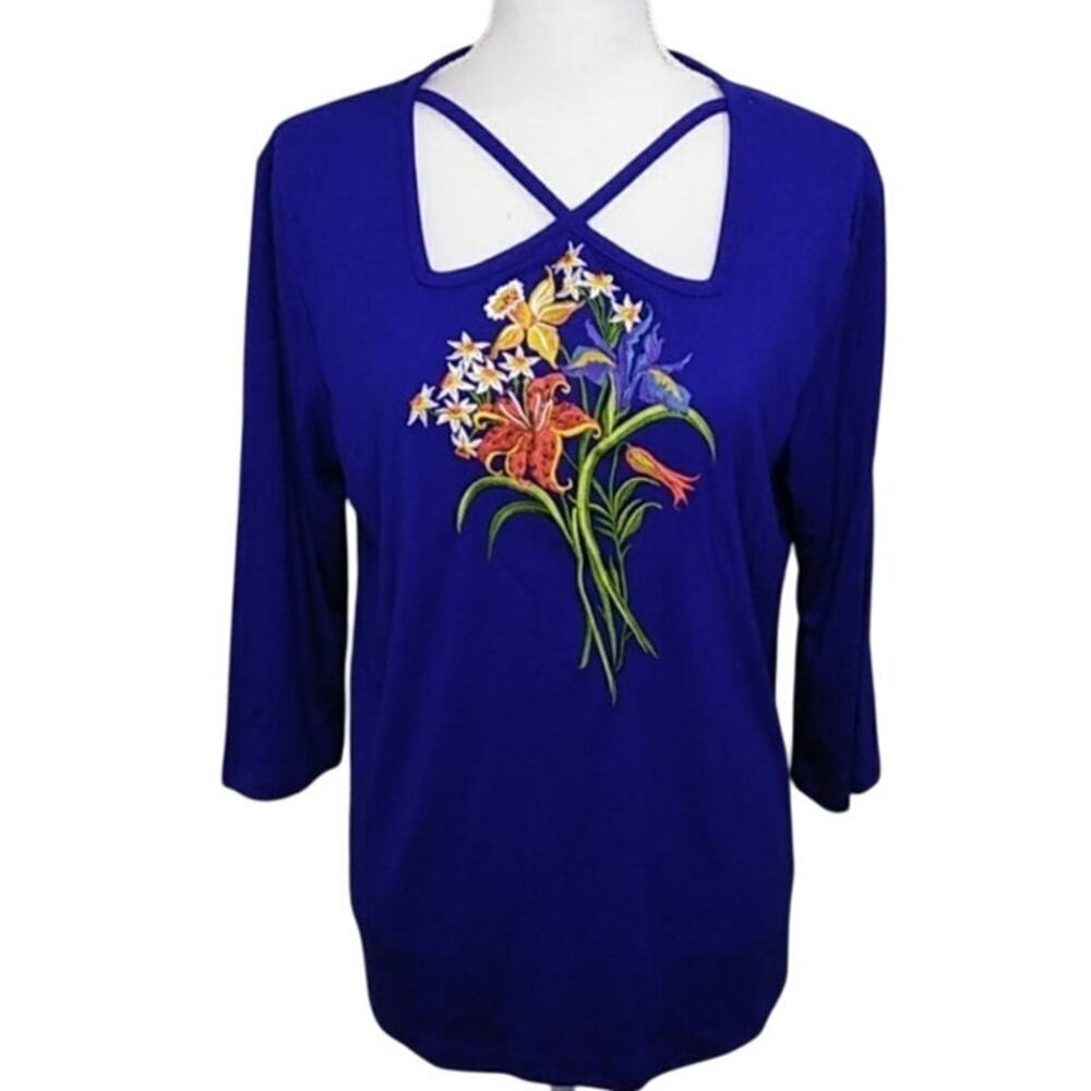 New Women's Bob Mackie 3/4 Sleeve Cobalt Blue Floral Bouquet Embroidered Top Med
